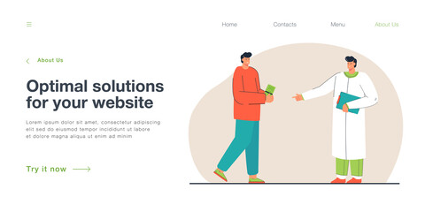 Doctor pointing index finger at money that patient holding. Male character paying for medical services flat vector illustration. Health care concept for banner, website design or landing web page