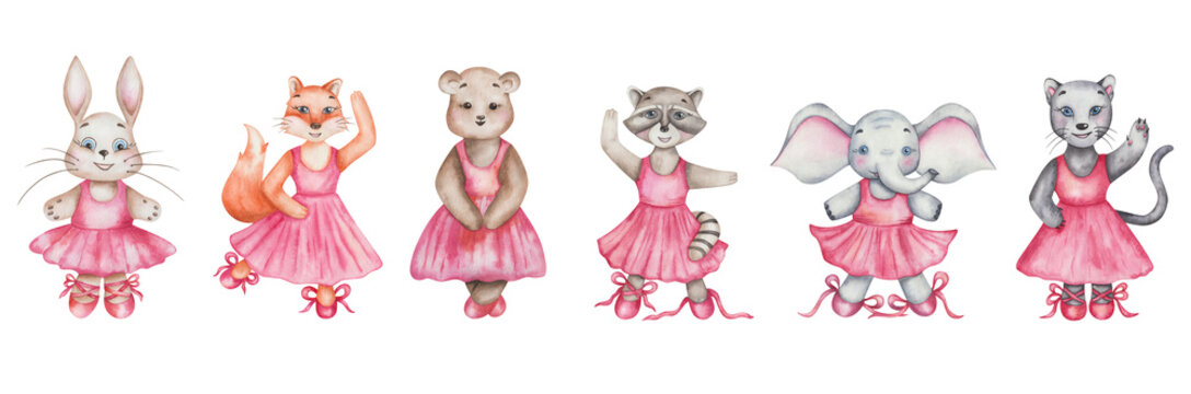 Watercolor illustration of hand painted fox, bear, hare, elephant, panther, raccoon girls in dance studio in pink dresses and ballet shoes. Cartoon animal characters. Isolated clip art for posters