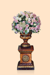 beautiful pink and yellow roses flower bouquet in a brown ceramic vase put on brown ceramic stand on white background, object, nature, vintage, decor, copy space