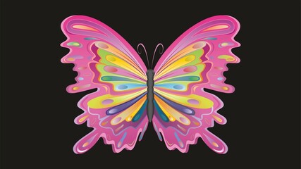 Psychedelic colorful butterfly. Isolated on black background. Vector illustration.
