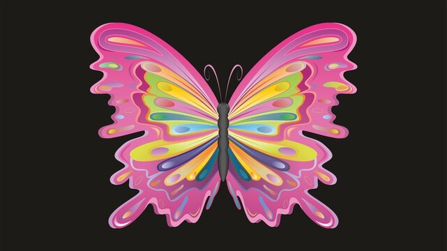 Psychedelic colorful butterfly. Isolated on black background. Vector illustration.
