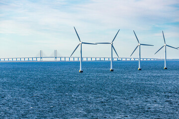 The Middelgrunden offshore wind farm in the Øresund near Copenhagen, Denmark - Øresund Bridge...
