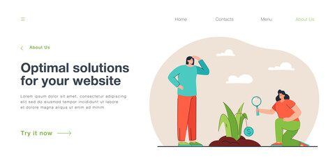 Care of investors for money plant growth. Woman looking through magnifying glass at financial profit flat vector illustration. Finance, deposit concept for banner, website design or landing web page