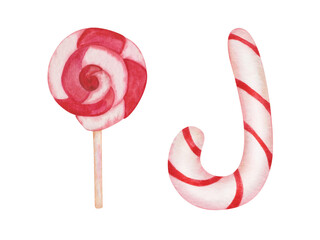Watercolor illustration of hand painted candy cane and spiral lollipop in red and white colors. Sweets for children. Isolated on white clip art for Christmas cards, birthday invitations, packaging