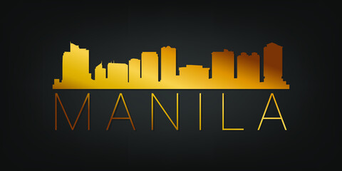 Naklejka premium Manila, Metro Manila, Philippines Gold Skyline City Silhouette Vector. Golden Design Luxury Style Icon Symbols. Travel and Tourism Famous Buildings.