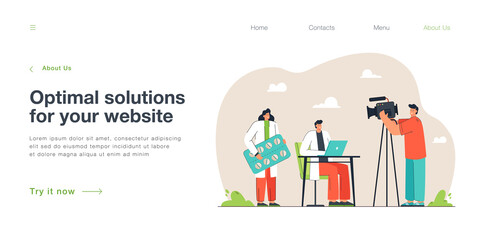 Man shooting medical workers in uniform who working. Journalist doing report about doctors flat vector illustration. Healthcare, journalism concept for banner, website design or landing web page