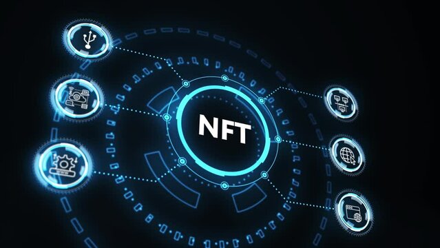 NFT Non-fungible token digital crypto  on virtual screen.