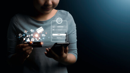 woman using mobile online banking and make payment, Business people using mobile phone with credit card, Mobile banking network, online payment, digital marketing, business technology.