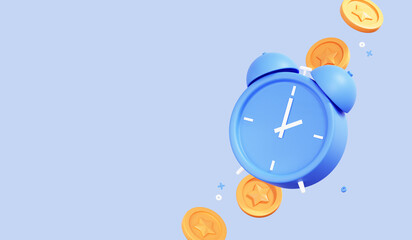 3D Time is money concept. Mockup banner with Alarm Clock and Coins. Online payment and tax time reminder. Poster with empty copy space for text and promotion isolated on blue background. 3D Rendering