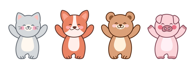 Kawaii pets. Cute animals raised paws up. Set of vector illustrations isolated on white background.