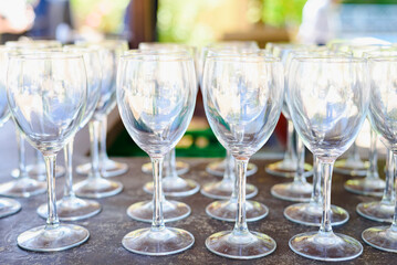 Group of many clean transparent empty wine glasses arranged in a row.