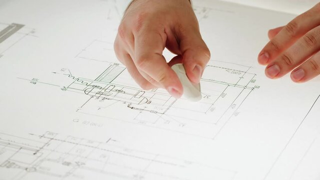 Plan blueprint close-up. Architect designer drawing scheme, professional engineer working, interior creator making architectural house project, drafting building. 