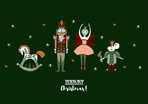 Green Christmas greeting card the Nutcracker. Magic vector illustration.