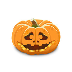 Kind smiling lantern pumpkin with crooked toothy smile with sad eyes for halloween isolated