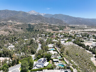 Aerial view of wealthy Alta Loma community and mountain range, Rancho Cucamonga, California, United...