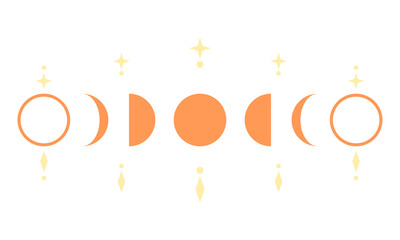 Fototapeta na wymiar Orange moon different phases of lunar phases with yellow stars on white background boho flat vector icon design.
