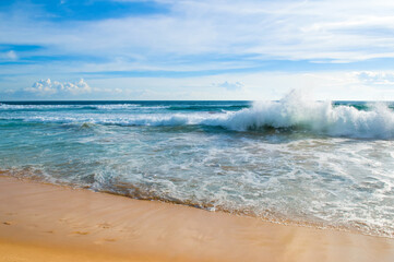 Beautiful tropical sea and sun on blue sky background.
