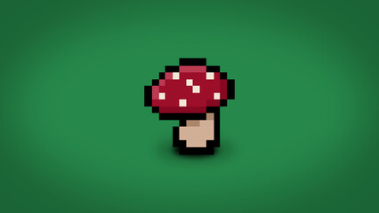 One pixel 8 bit red mushroom with white dots on a green background - high res wallpaper