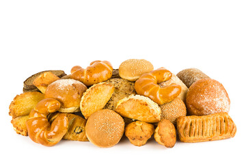 Bread and sweet pastry isolated on white .