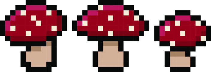 Pack of three 8 bit pixel red mushrooms with white dots - isolated vector set