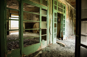 July 2022, Italy, Urbex. dilapidated corridor of an abandoned school