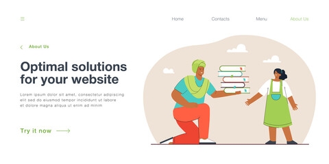 Indian man on one knee holding books and stretching them to his daughter. Father helping to study his child flat vector illustration. Education concept for banner, website design or landing web page