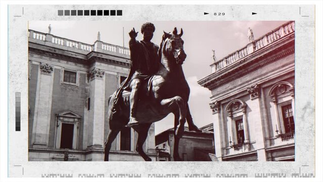 Rome, Italy - June 1, 2022: A look through the photo camera at Equestrian Statue of Marcus Aurelius on Capitoline Hill in Rome, Italy