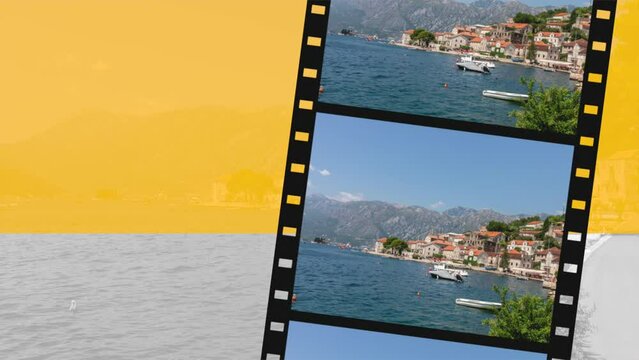 Modern photographic film with Bay of Kotor and old town Perast in Montenegro. Summer landscape with mountain and clear blue sky