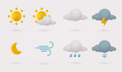 Set of 3d render meteorology icons. Weather cute realistic icon set. 