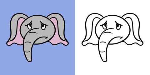 Horizontal illustration for coloring book, sad little elephant, elephant emotions, elephant offended, vector