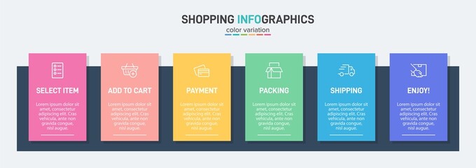 Concept of shopping process with 6 successive steps. Six colorful graphic elements. Timeline design for brochure, presentation, web site. Infographic design layout.