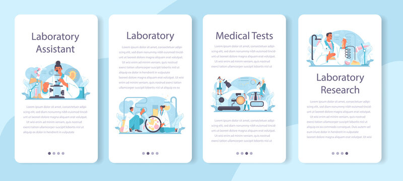Laboratory assistant mobile application banner set. Pharmaceutical research