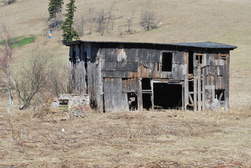 a wooden shed, a barn falling apart among wastelands, spring © TK_Office