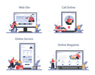 Ambulance online service or platform set. Emergency medical technician