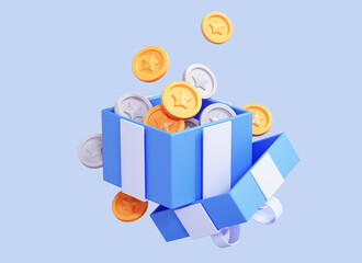 3D Open Gift box with gold and silver coins. Cash surprise box. Money prize reward. Casino or Online game winner. Loyalty program concept. Cartoon design icon isolated on blue background. 3D Rendering