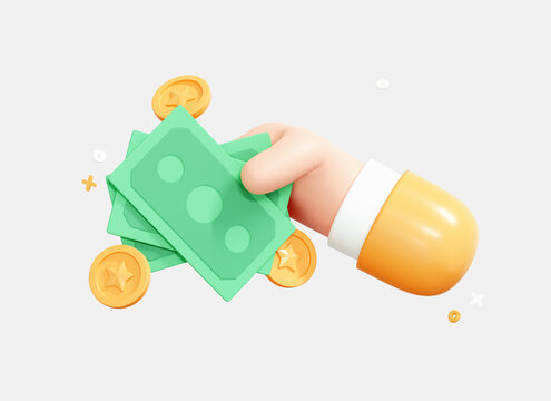 3D Hand holding dollar banknote with coin. Saving money concept. Fast payment and loan. Money investment and business commerce. Cartoon creative design icon isolated on white background. 3D Rendering