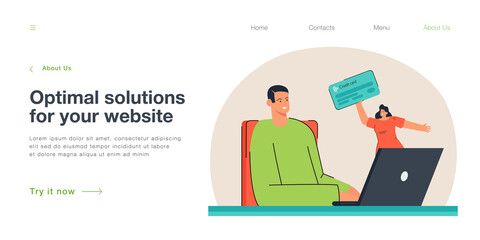 Happy customer sitting at laptop and paying for purchase online. Tiny woman holding credit card flat vector illustration. Payment, online shopping, technology concept for banner or landing web page