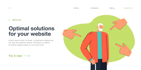 Hands pointing with finger at unhappy outcast elderly man. Violence, blame and hate to old people flat vector illustration. Stop bullying concept for banner, website design or landing web page