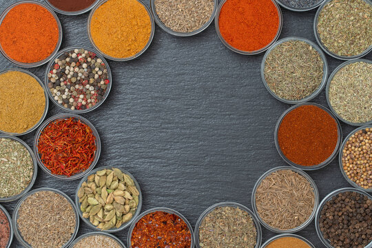 Assortment of aromatic spices, seeds and dry herbs for cooking food, copy space