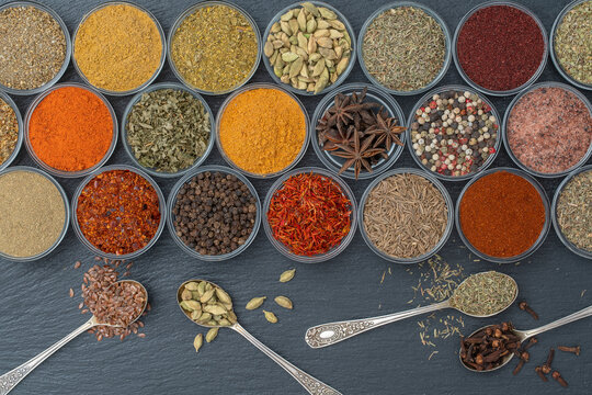Assortment of aromatic spices, seeds and dry herbs for cooking food