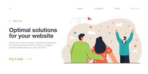 Couple looking at businessman with hands up and confetti above head. Man celebrating victory flat vector illustration. Support and success concept for banner, website design or landing web page