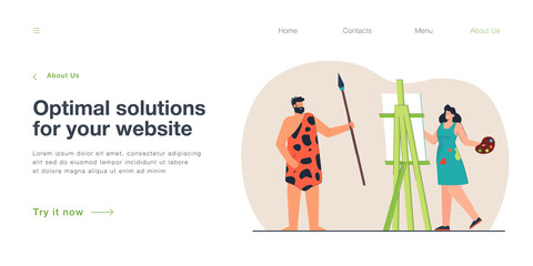 Female artist painting creative portrait of caveman at easel. Male model in animal skin holding spear flat vector illustration. Art workshop concept for banner, website design or landing web page