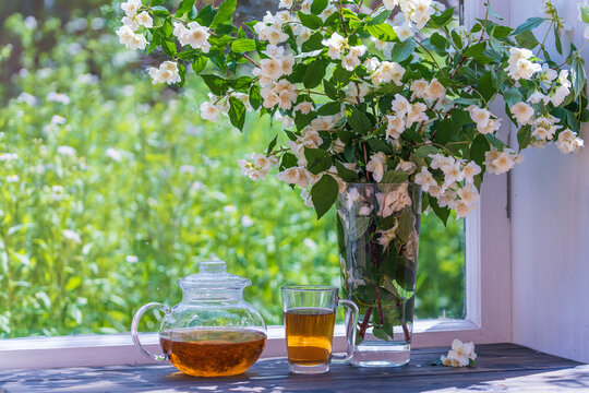 Hot tea in glass teapot, cup and beautiful bouquet of jasmine flowers on windowsill at home