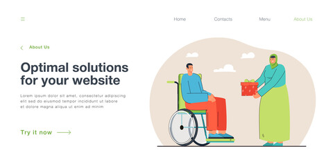 Islamic woman giving present to male person in wheelchair. Man with physical disability receiving gift flat vector illustration. Ramadan, support, disability concept for banner or landing web page