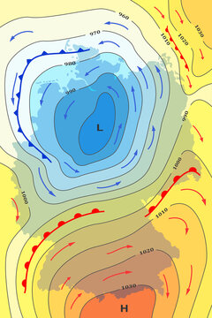 Weather forecast map of Germany. Movement of warm cyclone to country. Template of climate map for synoptic prediction with pressure, isobars, temperature, meteorology cyclone, direction wind fronts.