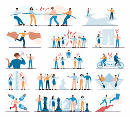Conflict concept set. Business controversy or disagreement. Communicative