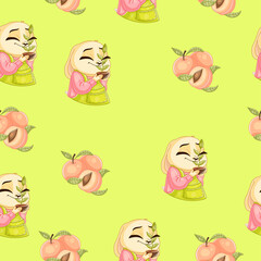 Delicate spring seamless pattern on a green background with a cute bunny with a flower in a pot and delicious peaches. Texture for scrapbooking, wrapping paper, invitations.Vector illustration.