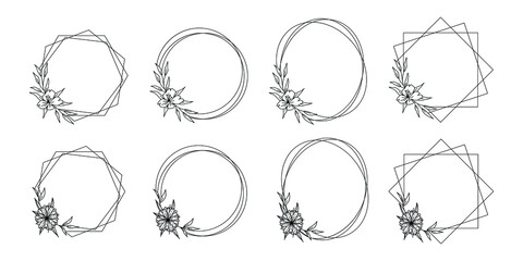 Collection of geometric vector floral frames. Borders decorated with hand drawn delicate flowers, branches, leaves, blossom. Vector illustration