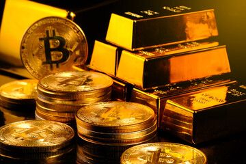 Cryptocurrency golden bitcoin coin concept,Blockchain technology Business concept, Gold bitcoin on background.
