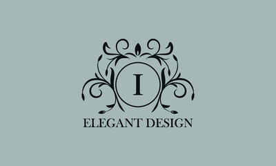 Vintage elegant logo with the letter I in the center. Calligraphic elegant ornament. Business sign, identity monogram for restaurant, boutique, hotel, heraldic, jewelry.